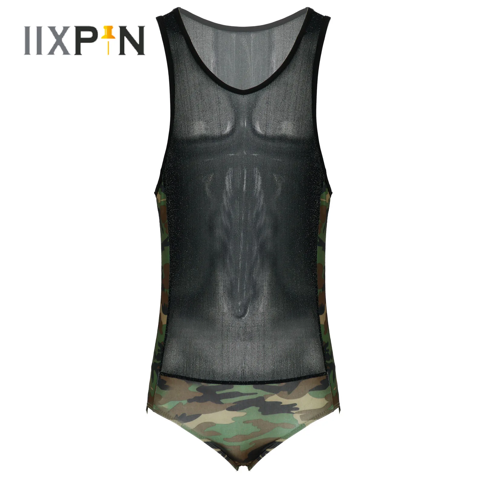 

Мужское эластичное облегающее боди с камуфляжным принтом в стиле пэчворк блестящее прозрачное трико без рукавов облегающее пикантное нижн...