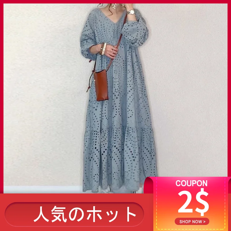 

Korean Fashion Blue Lace Long Dress Casual Oversize A Line V Neck Drapped Streetwear Kawaii Office Ladies Maxi Summer Dress