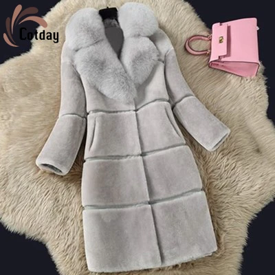 

Cotday Slim 2021 Fashion Korean Women's Sheep Fleece Fur Splicing Autumn Winter Wram Coat Medium Length Fox Fur Collar Fur Coat