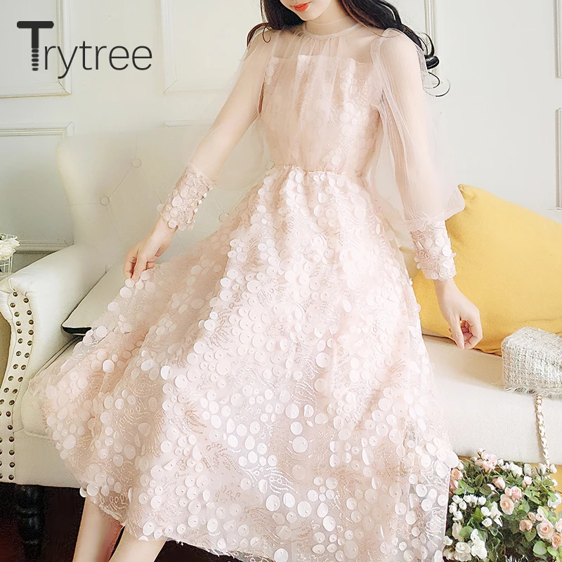 Trytree 2020 весеннее женское платье повседневное лоскутное кружевное с рукавами
