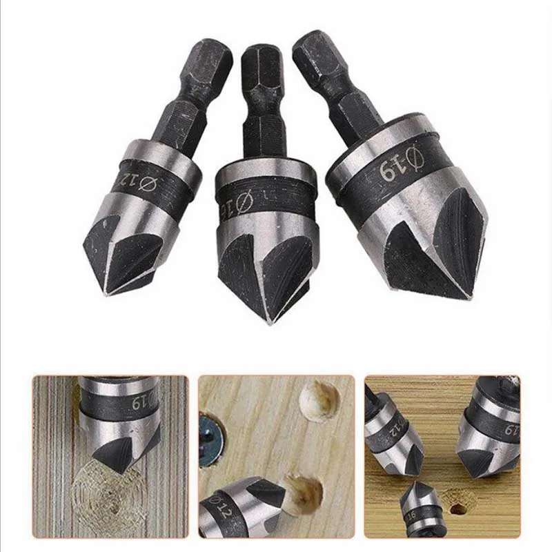 

Three piece carbon steel 90 degree chamfering cutter 12mm 19mm chamfering cutter spot facer woodworking hole drill five edge cha