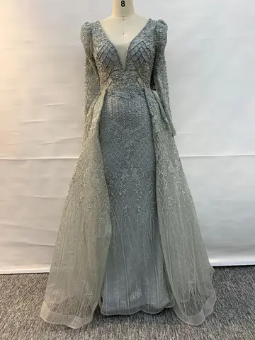Женское вечернее платье, роскошное блестящее вечерние-трапеция с длинным рукавом и V-образным вырезом, украшенное бисером, 2020