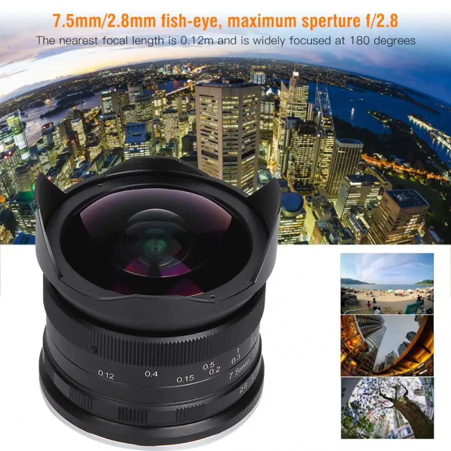 7 5 мм F2.8 180 градусов Рыбий глаз супер широкий угол микро фокус Fens для Canon EOS. M
