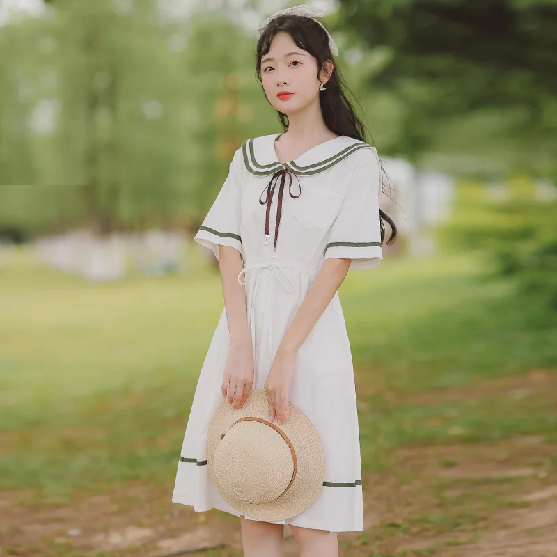 

2021 Fashion Autumn Summer New Women's Dress Female Cotton-Line Sailor Collar College Sweet Striped Pure Girls Casual Dresses