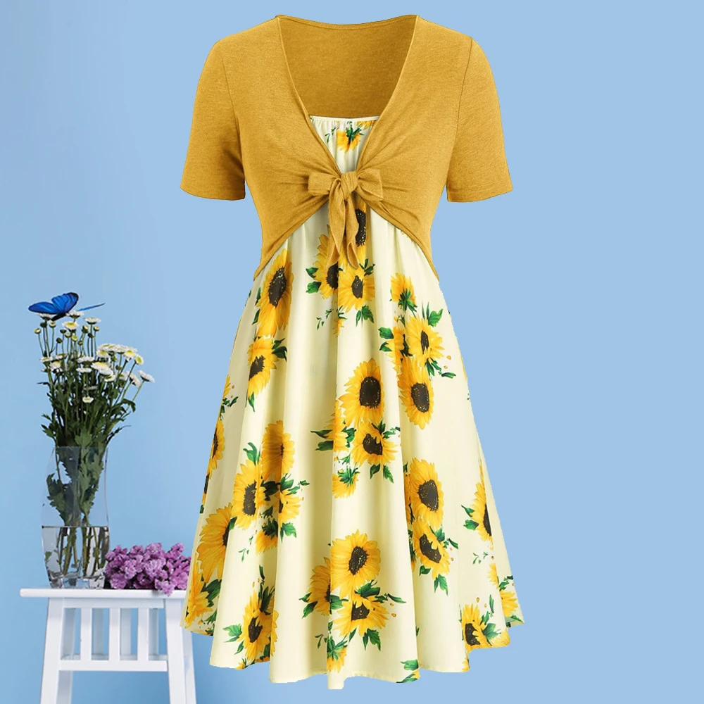 Платье мини с коротким рукавом и принтом подсолнухов|Женские платья| |