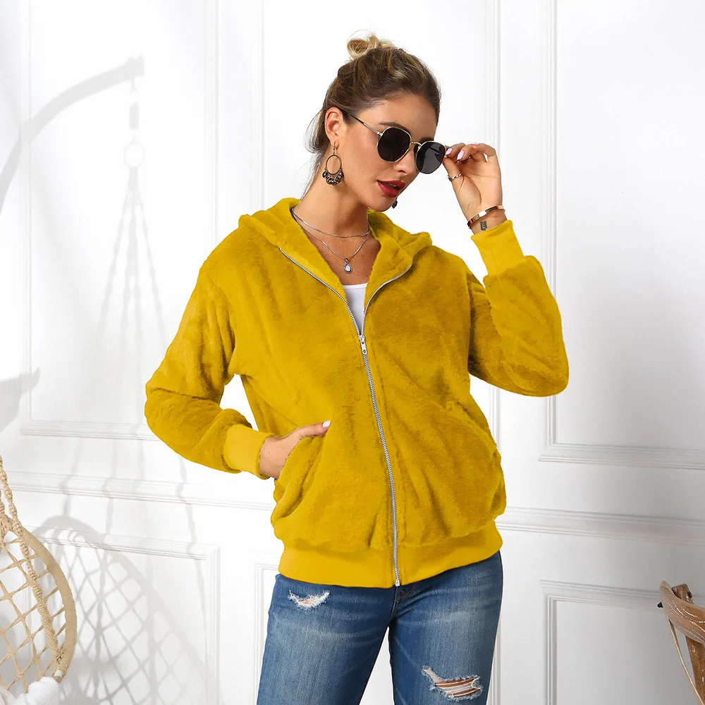 

2020 Autumn Winter Faux Fur Hooded Short Jackets Women Long Sleeve Plush Slim Casual Plus Size Overcoat Female Zipper Warm Coats