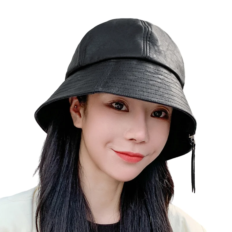 

Sparsil PU Leather Bucket Hat Woman Autumn Adjustable Zipper Brim Dome Panama Caps Female Folding Waterproof Fishing Cap for Men