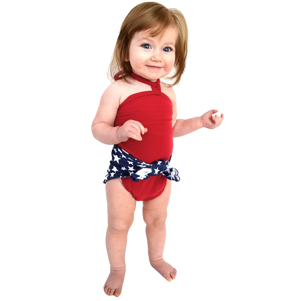 Однотонный слитный купальный костюм с лямкой на шее для маленьких девочек 4 июля