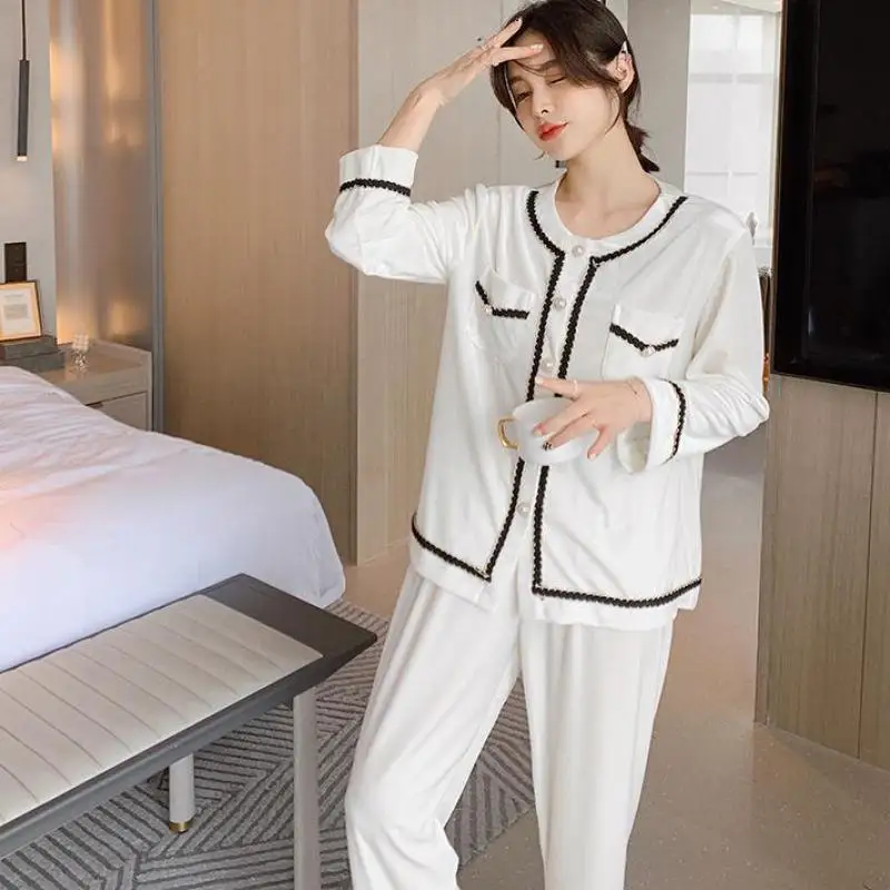 

Women Round Neck Pajamas Set Long Sleeve 2PCS Sleepwear Autumn New Sleep Set Velvet Pijamas Suit Femme Loungewear Home Clothes
