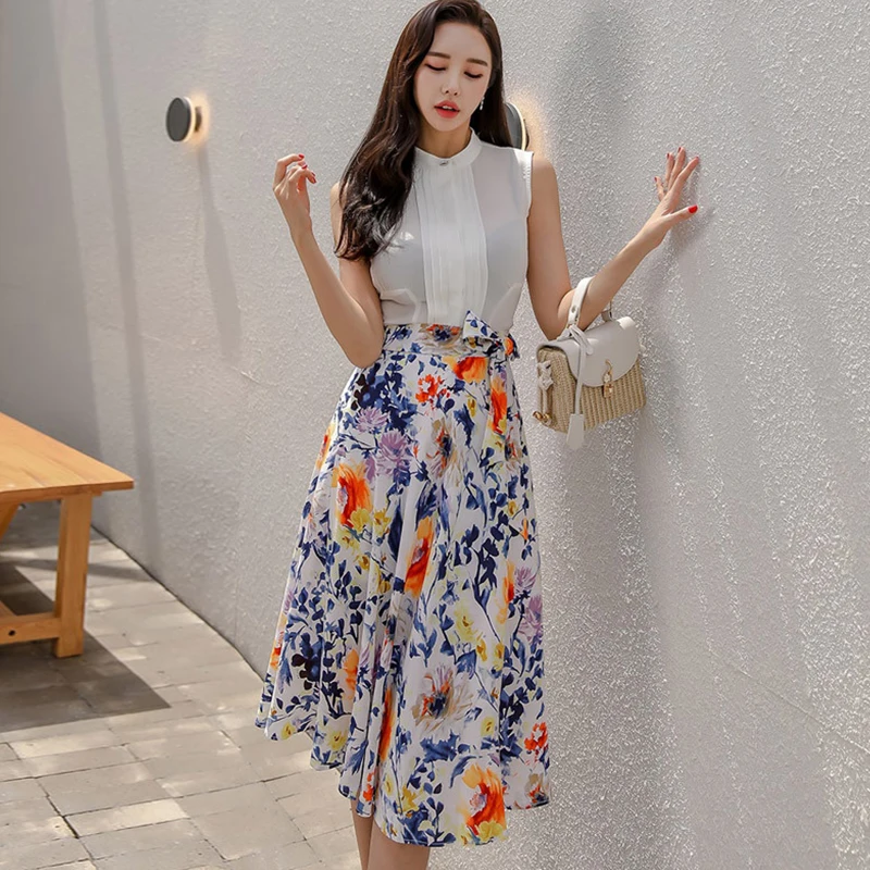 

Женский летний костюм, элегантная плиссированная белая рубашка и юбка с принтом, комплект из двух предметов