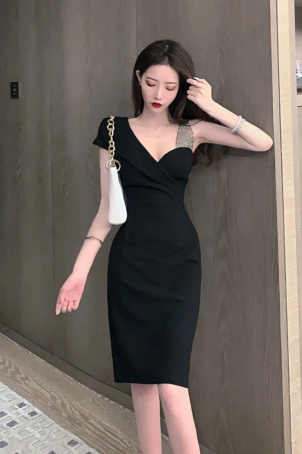 

COIGARSAM Sexy Patchwork Women dress Summer French Style High Waist Dresses Black 3026