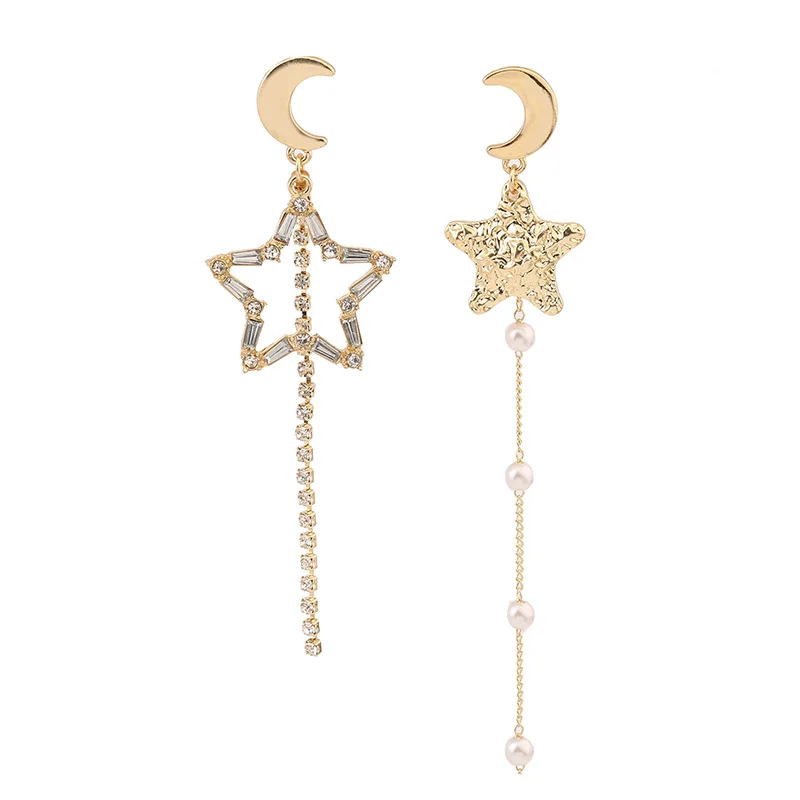 

2020 Sweet Long Crystal Pearl Tassel Drop Earrings Asymmetrical Moon Star Earrings For Women Bride Wedding Jewelry Gift