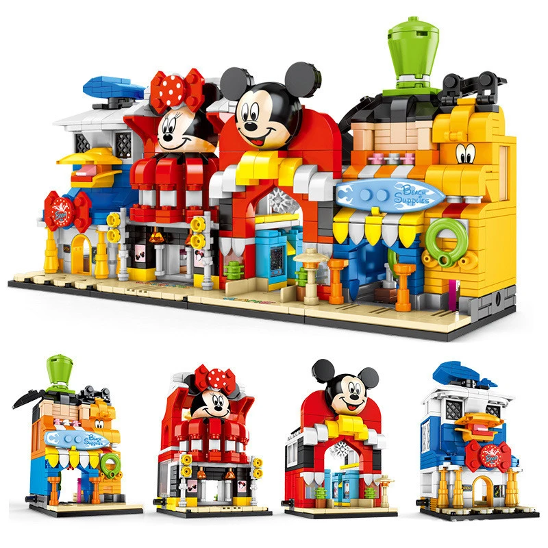 Bloques de construcción de Castillo para niños, juguete de ladrillos para armar tren y estación de Disney, Mickey, Minnie y Duck, ideal para regalo de Navidad