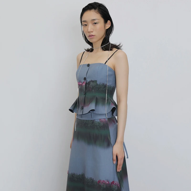 [EAM] женские Синие стразы с принтом Camis новинка v-образный вырез без рукавов