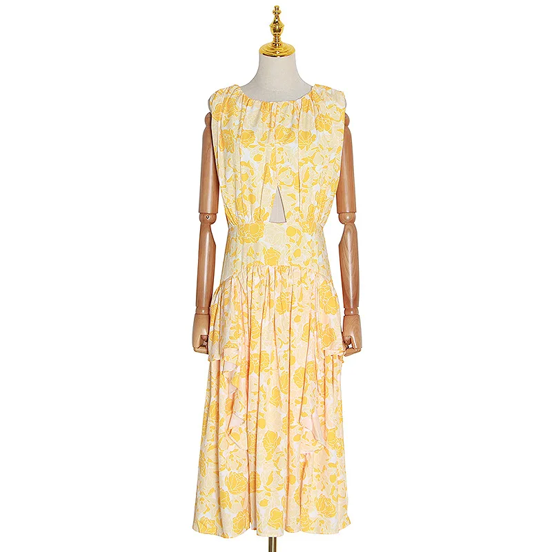 

2020 Summer New Women's Long Dress High Quality Irregular Sexy Sleeveless Hollow Out Ruffled Holiday Dress Bohe