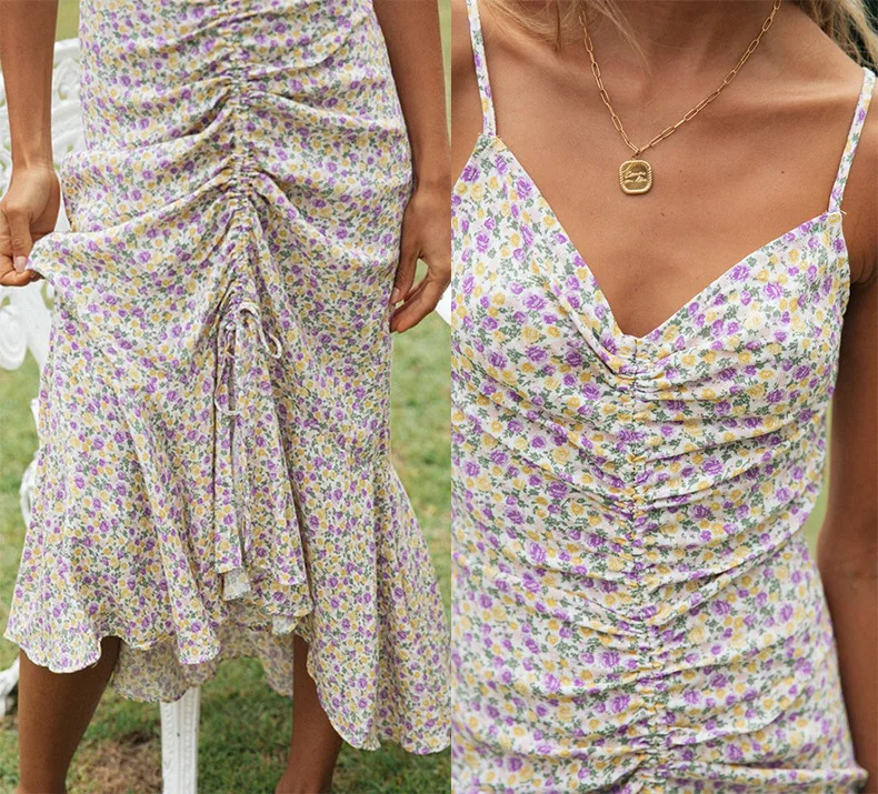 

2021 New Floral Sexy Low-cut Pleated Slim Suspender Summer Casual Long Dress