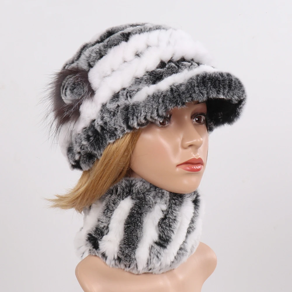 Горячая Распродажа женские эластичность из натурального меха шапка и шарф