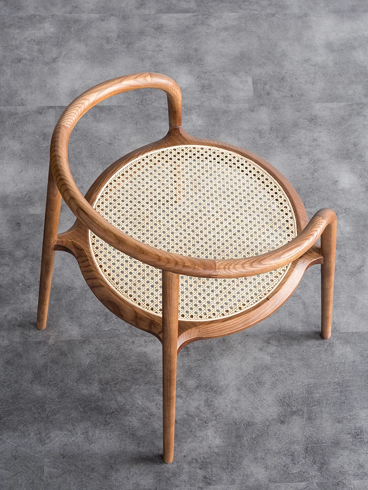 

zq Nordic Solid Wood Chair New Chinese Style Log Rattan Walnut round-Backed Armchair Dining Chair Leisure Chair