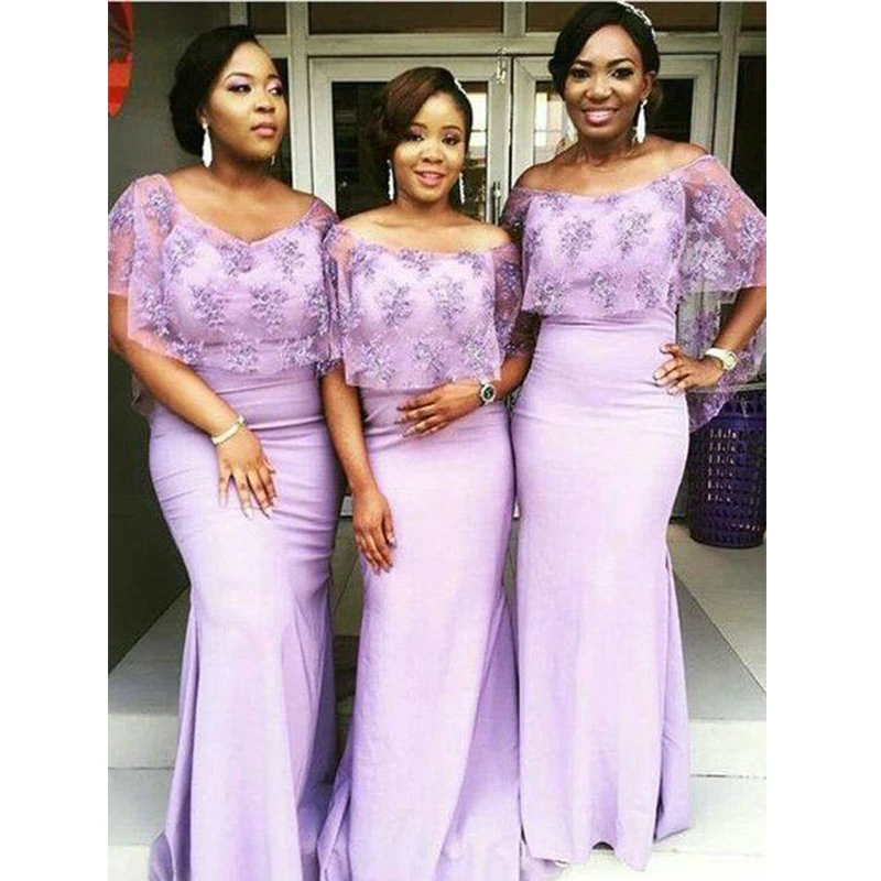 

Custom Made Simple Lavender Off The Shoulder Long Wedding Guest Dress Bridesmaid Dresses With Lace Cape
