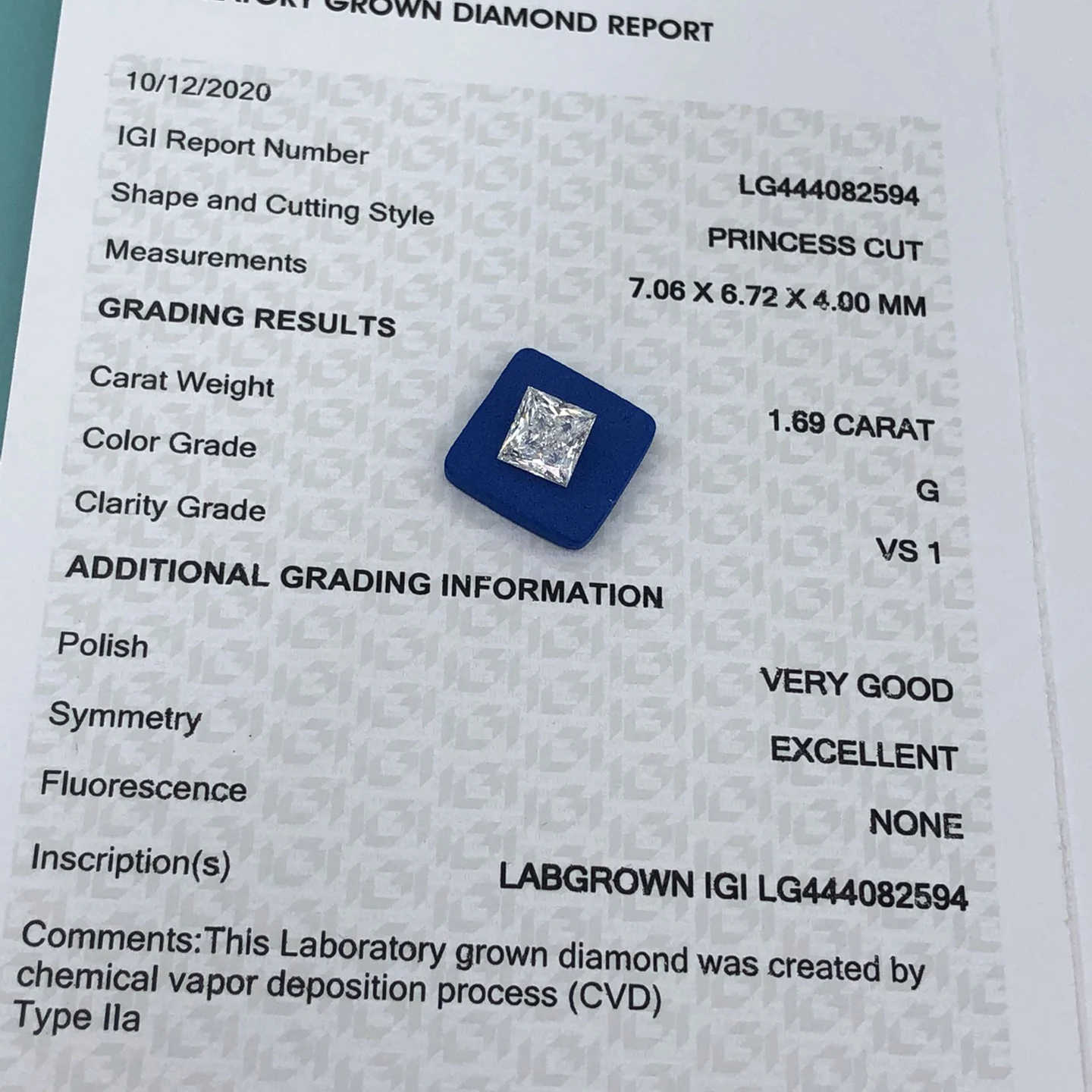 Лабораторный ромбовидный алмаз VS1 для принцессы CVD с сертификатом иджи и яркостью