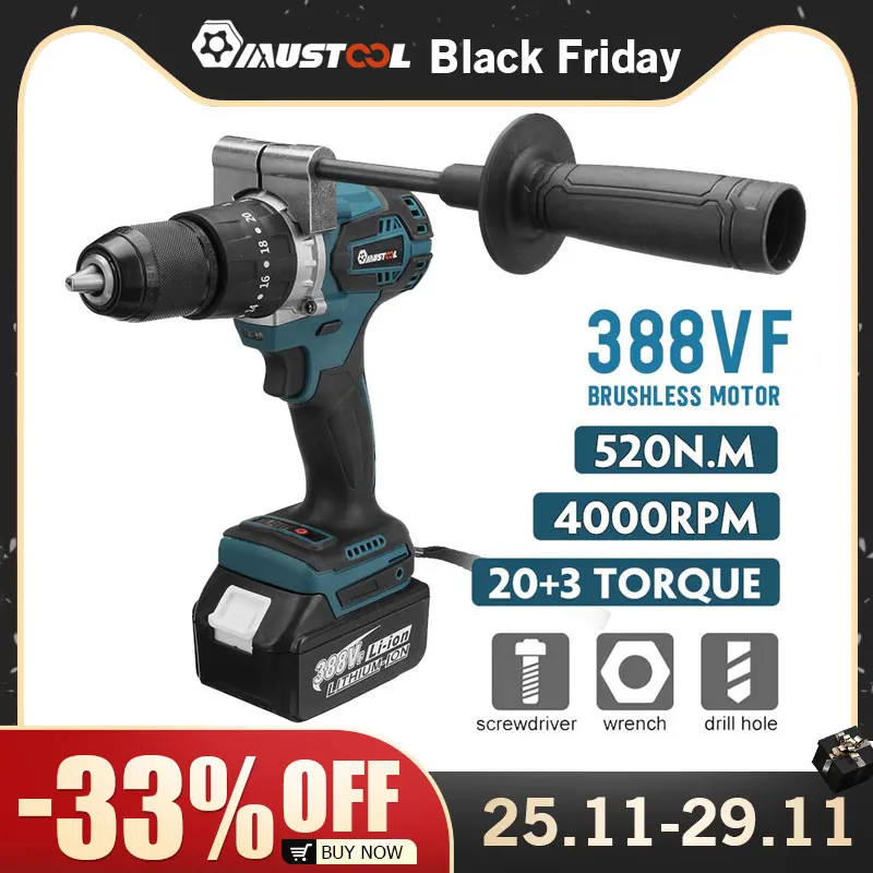 

MUSTOOL 3 IN 1 13mm Brushless Electric Drill Screwdriver Hammer 20+3 Torque Cordless Impact Drill for Makita 18V Battery