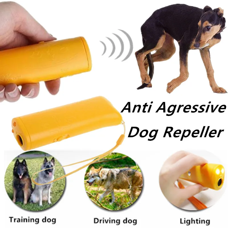 

Yellow Ultrasonic Dog Repeller Anti-barking Police Training Pet Trainer LED Flashlight Device Automatic Dog Walker
