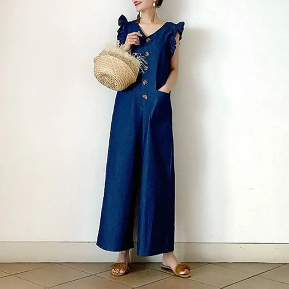 

Casual blue jumpsuits wide Trousers Ladies Fashion Loose Mid Waist Women Stringy Selvedge Sleeveless Jumpsuit Button Rompers