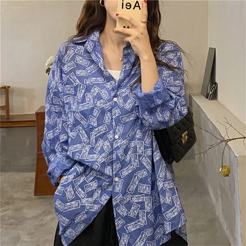 

PLAMTEE 2022 New Autumn Shirt Turn Down Collar Irregular Printing Loose Thin Classic Casual Basic Design Long-Sleeved Top