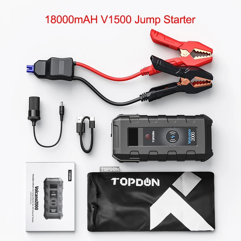 

TOPDON V1500 Peak Car Jump Starter 12V Emergency Battery Power Bank 18000mAh Auto Battery Booster Charger for 8L Gas 6L Diesel