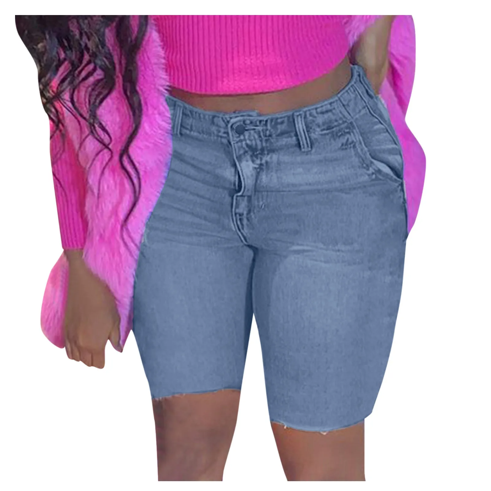 

Womens Shorts 2021 Fashion Casual Solid Color High-Waisted Pockets Wide Leg Straight Denim Large Size Baggy Shorts