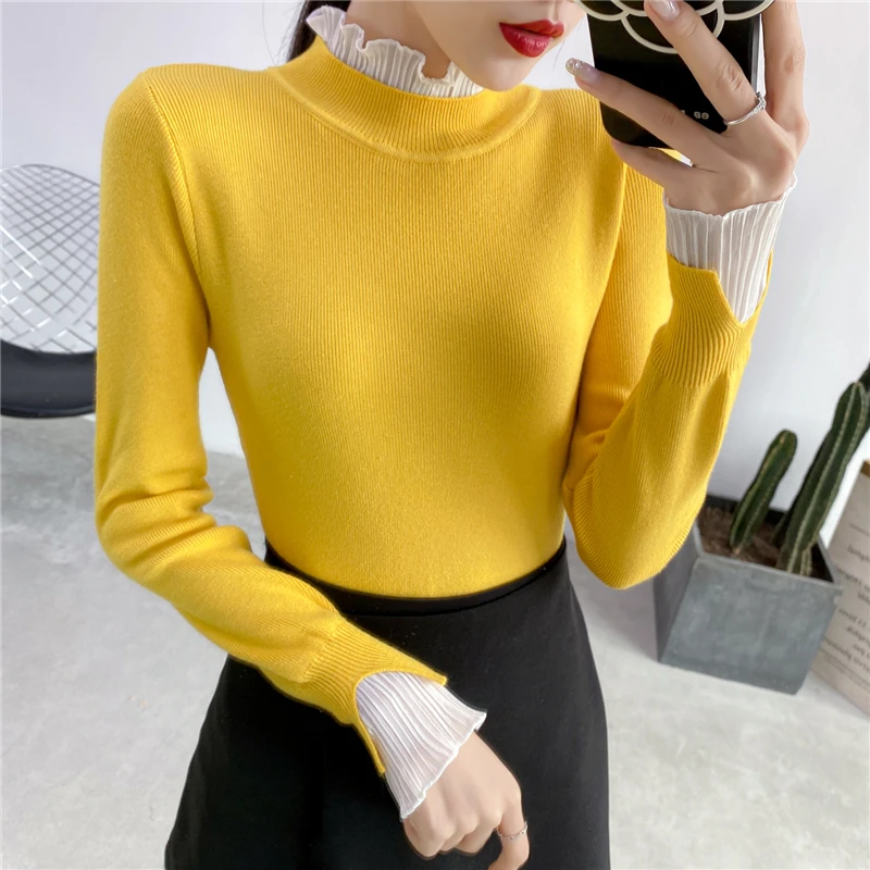 

Spring Winter Thick Sweater Women Knitted Ribbed Pullover Sweater Fake 2 PCS Mock Neck Lace Slim Jumper Soft Warm Pull Femme