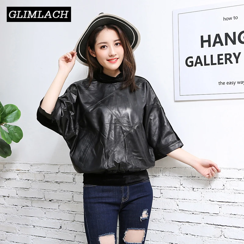 2020 Women Genuine Leather Spliced Cotton Oversized Loose Pullover Jacket Batwing Sleeve Real Leather Baggy Coat Female Clothes