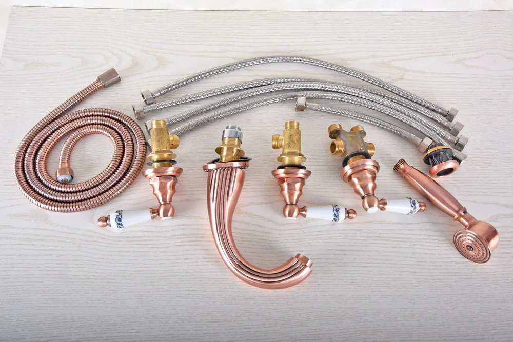

Antique Red Copper Brass Widespread Deck-Mounted Tub 5 Holes Three Handles Bathroom Tub Sink Basin Faucet Tap Hand Spray mtf188