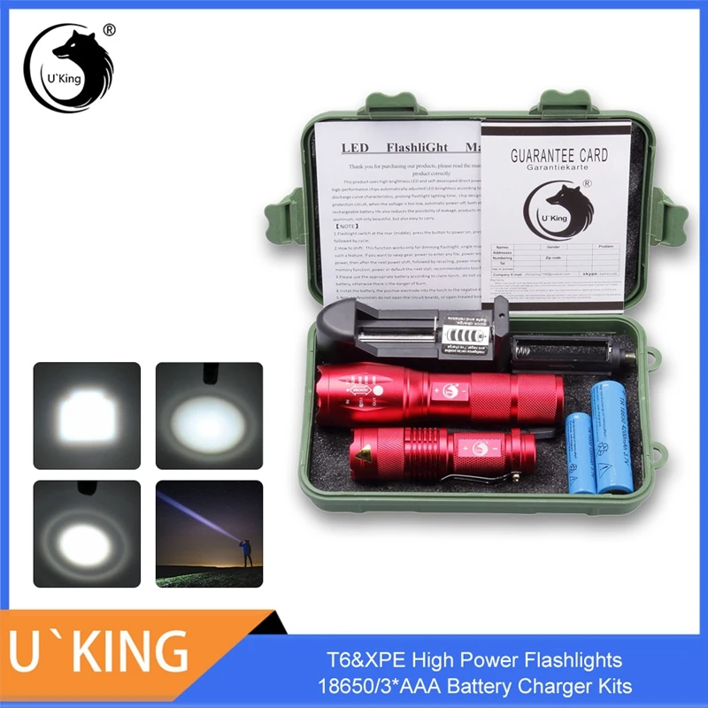 U‘King 1/2PCS T6&XPE High Power Flashlights For Lovers Christmas Gift use18650/3*AAA Battery and Charger Kits Outdoor Activities