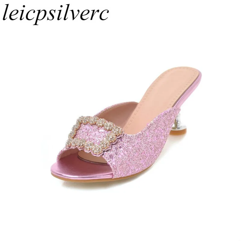 Женские туфли лодочки без задника на высоком каблуке с блестящими кристаллами