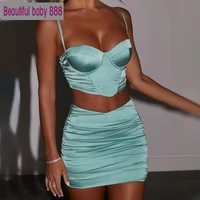meqeiss 2020 new satin two piece set top and skirt fashion party night club matching set elegant outfit corset top ruched skirts