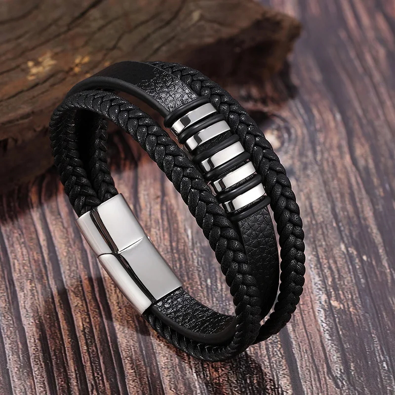 European And American Popular Stainless Steel Leather Bracelet Men's Multilayer Woven | Украшения и аксессуары