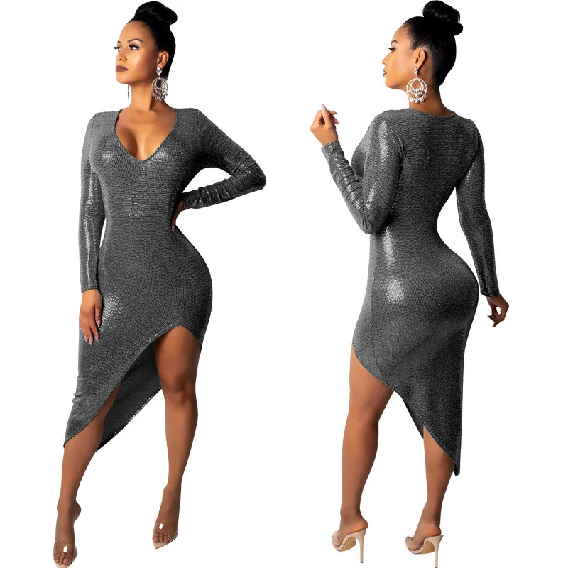 Женское зимнее черное платье с длинным рукавом и блестками элегантное блестящее