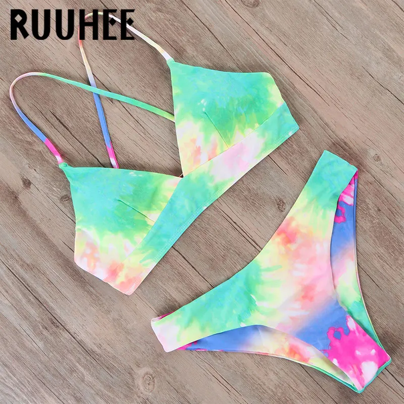 RUUHEE Tie Dye бикини, женский купальник, пуш-ап, купальник с принтом динозавра, купальник, бандаж, сексуальный летний купальник для женщин