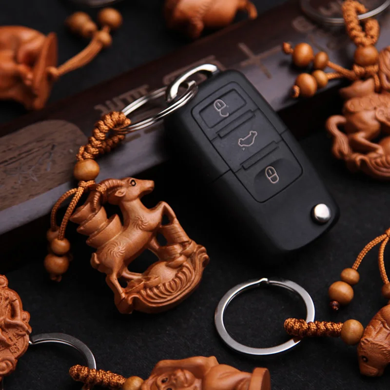 Chinese Peach Wood Zodiac Keychain Three-dimensional Carved Monkey Sheep Snake Dragon Tiger Exquisite Keyring Gift Pendant | Украшения и