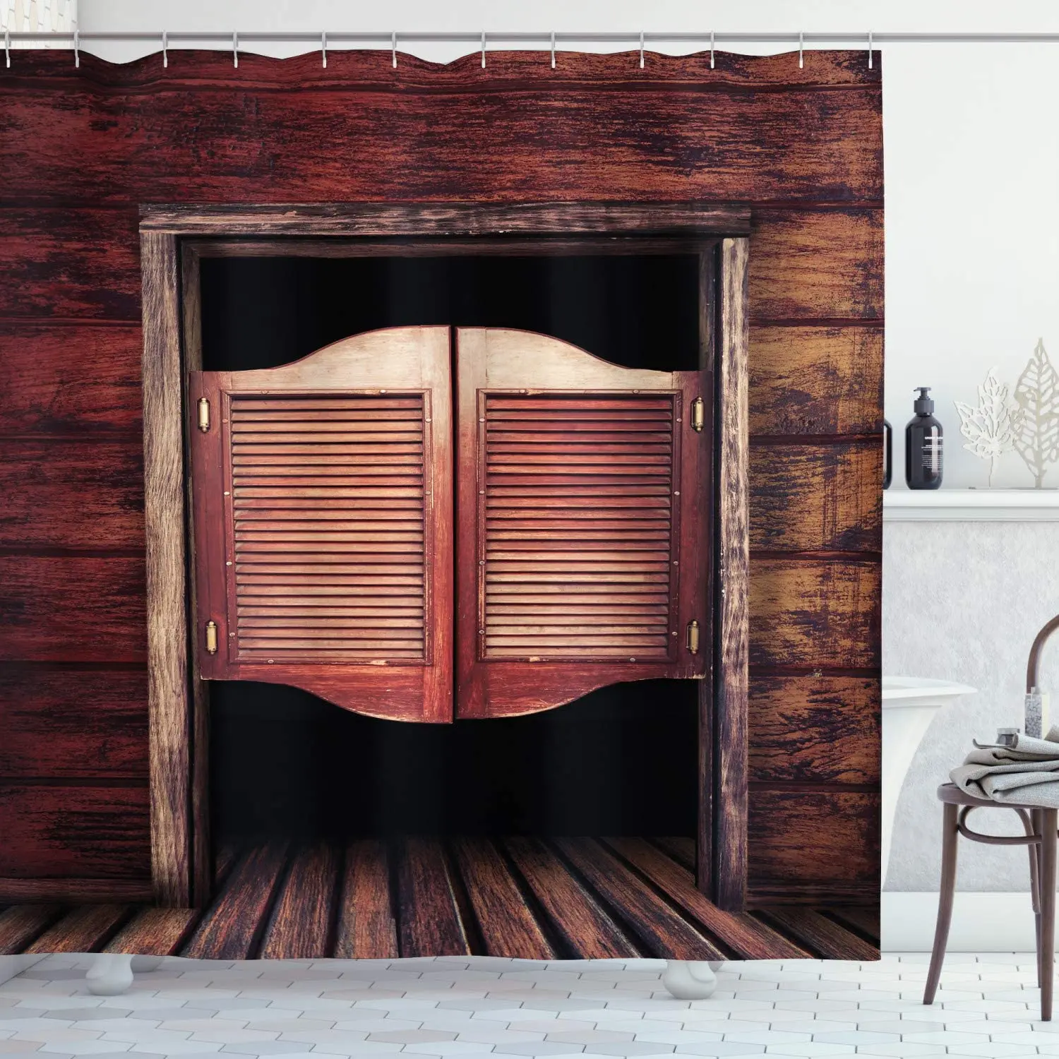 

Западная душевая занавеска, старая деревенская деревянная дверь и Дикий Запад, ковбойская антикварная бара, дверная ткань, тканевая занавеска для декора ванной комнаты s