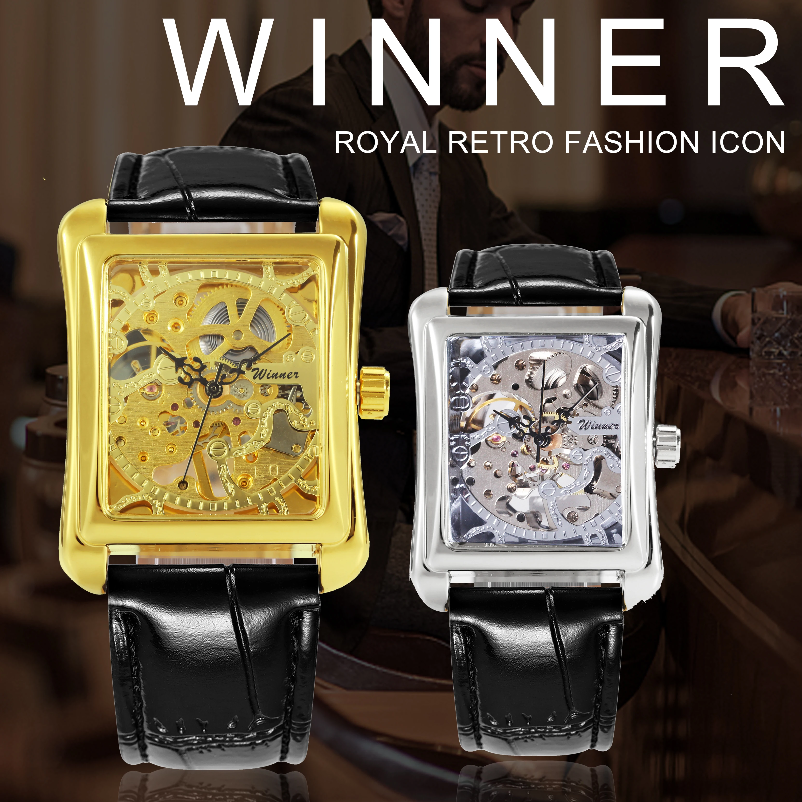 Часы наручные WINNER Мужские механические брендовые Роскошные модные квадратные