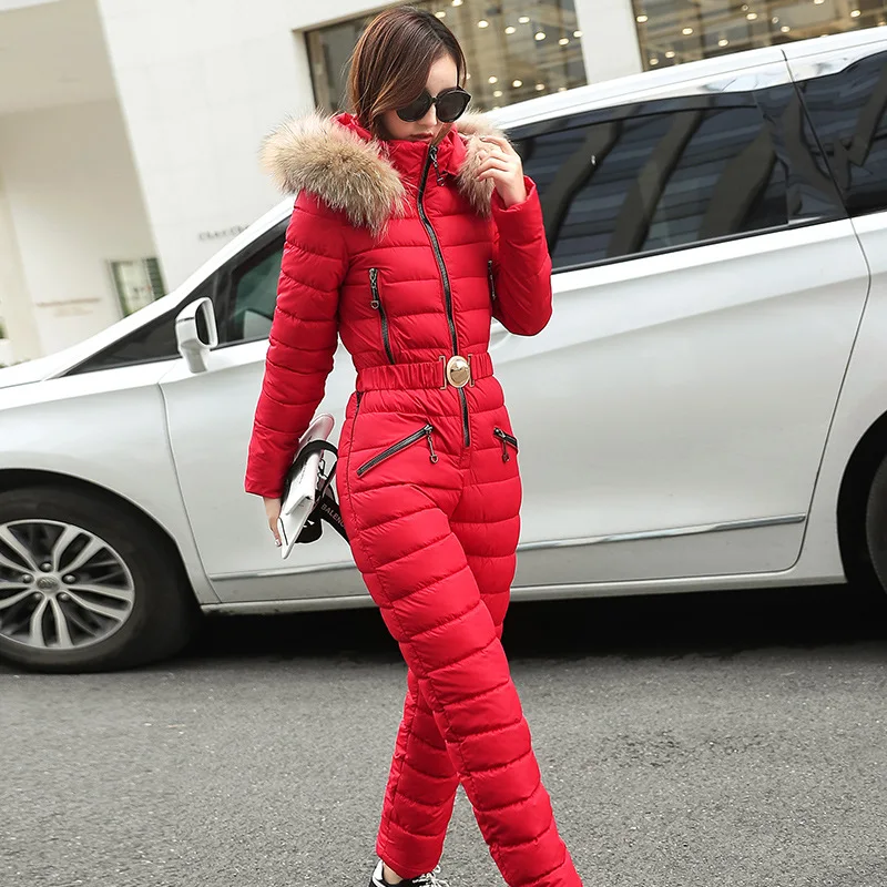 

One Piece Ski Suit Women Korean Fashion Slim Fur Hooded Zipper Winter Down Padded Jacket Woman Lugentolo