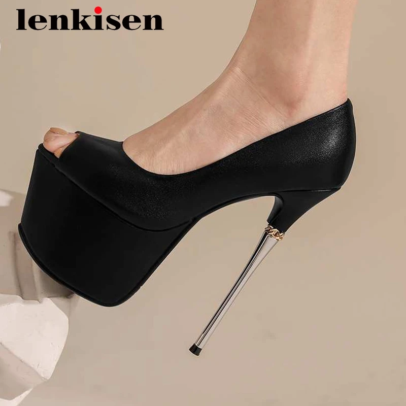 

Lenkisen 2021 nightclub fashion big size cow split leather platform peep toe super high heel slip on party gentlewomen pumps L51