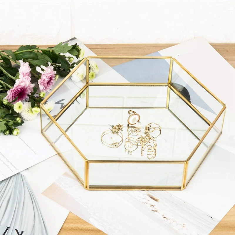 Стеклянный поднос для ювелирных украшений с золотым ободком прозрачная шкатулка