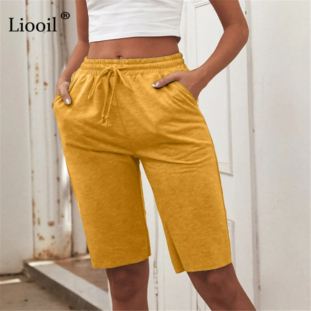 

Liooil Casual Loose Straight Pants Knee Length Trousers With Pockets Streetwear Drawstring High Waist Joggers Female Sweatpants