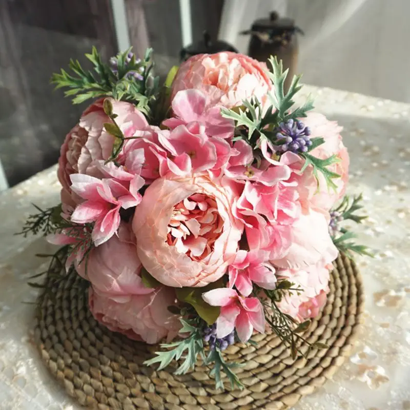 

Handmade Wedding Bouquet Artificial Peony Fake Berry Romantic Bride Holding Flower Rustic Long Lace Ribbon Party Home
