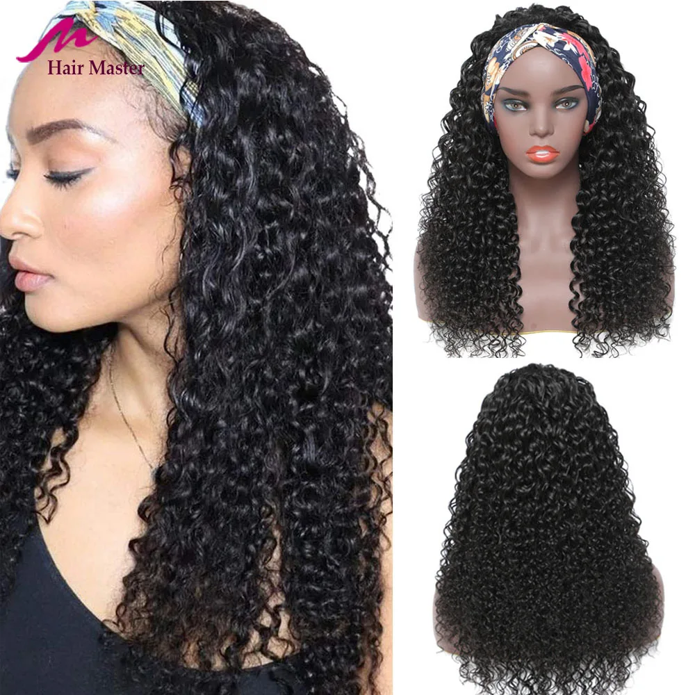 

Hair Master Water Wave Headband Wig Human Hair Peruvian Remy Full Machine Made For Black Women Natural Color Women Scarf Wig