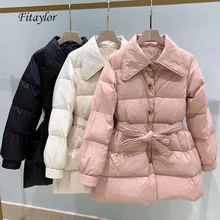 Fitaylor, Женская куртка на утином пуху, теплая, плотная, свободная, белая, на утином пуху, парка с отложным воротником, однобортная, с пальто с поясом