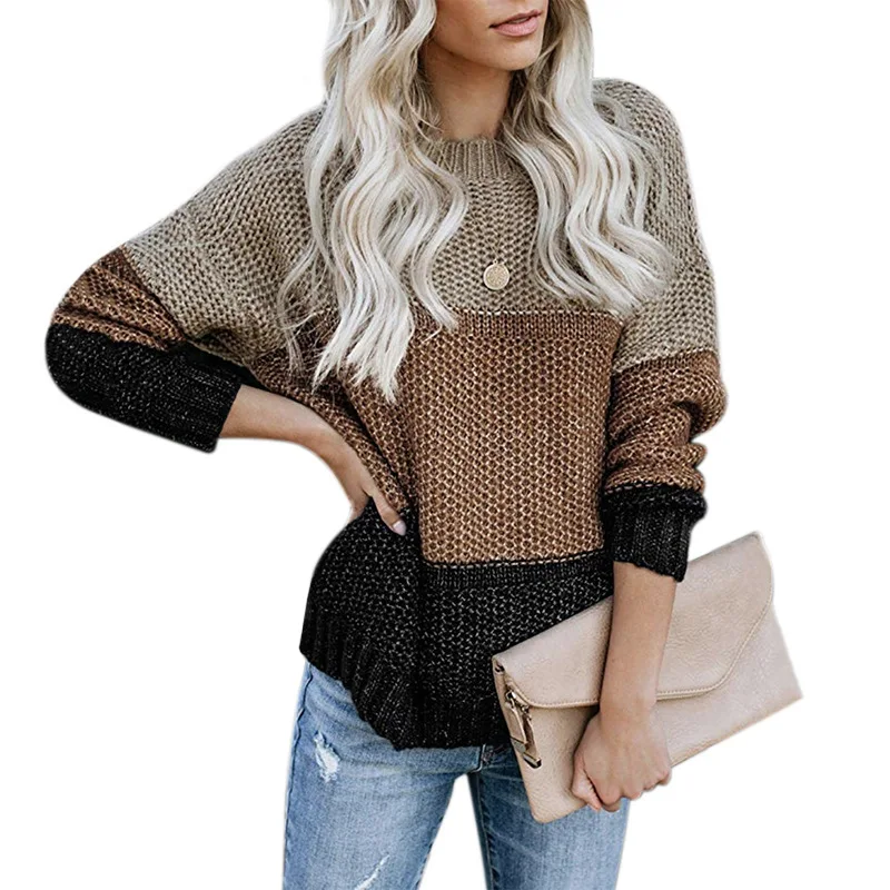 Women's Sweater Loose Knitting O-neck sweater Patchwork Ladies Tops 2019 Autumn Winter Casual Sweaters Pullovers striped color | Женская